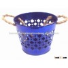 Blue color galvanized metal planter pot with jute handle for garden & home