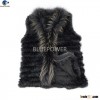 Mid long cheap price cross grain knitted rabbit fur winter vest with raccoon fur collar front fly