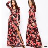 Long floral print wrap front high thigh slit long sleeve maxi fashion dress