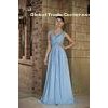 Blue V Neck A-line Chiffon Long Evening Dresses Beads Party Gowns With Lace