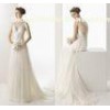 A Line Chiffon Cap Sleeve Ruffled Womens Wedding Dresses with Flower Lace Applique