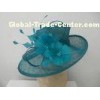 Blue Sinamay Ladies Hats Trimmed With Two Elegant Shaped Feather Flower , Leaves