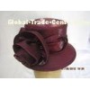 Classic Burgundy Color Church Ladies Hats With Bow , Reinstones On The Curled Triming