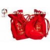 Red Round Velvet Drawstring Bag With Silk Screen Printed Logo