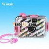 Ultra compact 35mm mini digital cameras with clear plastic waterproof casing