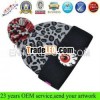 Leopard custom beanie hats with top ball acrylic knitted beanie embroidery logo