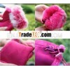 Suede fabric winter mittens with rabbit hair