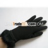 Winter Wearing Fur Trim Black Lady Hand Fleece Gloves