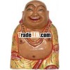 Hand Carved Wooden Painted Laughing Buddha Figure India Wood Carving Wooden Craft