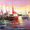 Dreamlike beautiful modern canvas oil painting of many colourful ships sailing on the sea