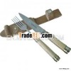 Fork and Knife Set Stainless Steel 5-inch Schmiede Bone and nickel silver. Cow rawhide sheath
