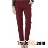 Contrasting Fake-leather Waistband Conceal Zipper Flying Pocket Dark Red Fit Pants