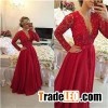 Delicate Red Chiffon Lace Prom Dress 2016 Pearls Long Sleeve