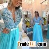 Long Sleeve Lace Evening Dress V-neck Blue Chiffon Prom Dress