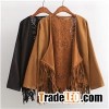 Open Front Hollow Back Faux Suede Women Cape With Sleeve Camel And Black Color