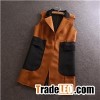 Big Pockets Patchwork Faux Suede Woman Vest With Lapel Collar Stitching Hem Outwear Gilet